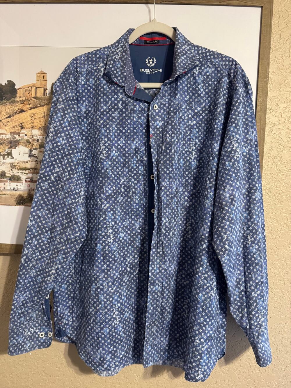 Bugatchi Uomo Men's Large Blue Tie Dye Acid Wash Diamond Geometric Classic Fit